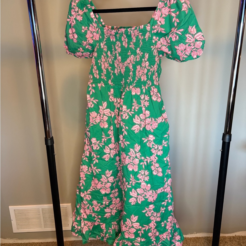Green Floral Puff Sleeve Dress